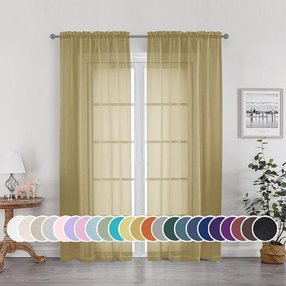 OWENIE Gold Sheer Curtains 72 Inches Long 2 Panels Set, Transparent Light Filtering Sheer Curtain Rod Pocket Clear Drapes for Living Room Bedroom Window Sliding Glass Door, Each 42 x 72 Inch, Gold