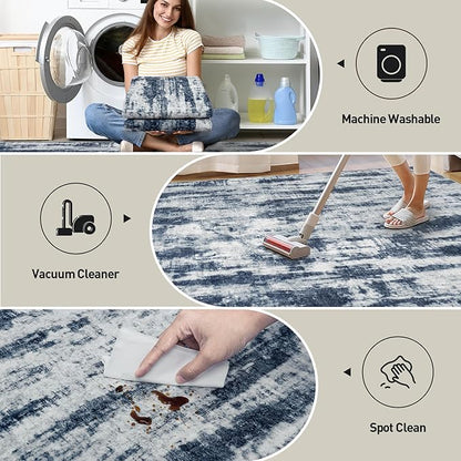 10x14 Area Rugs Washable Rug: Modern Abstract Living Room Rug Soft Anti-Skid Thin Carpet Indoor Floor Non-Shedding Carpets for Bedroom Dining Room Farmhouse Nursery Home Office Blue Grey