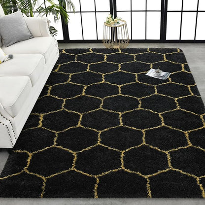 TWINNIS Super Soft Shaggy Rugs Fluffy Carpets, 4x5.9 Feet, Indoor Modern Plush Area Rugs for Living Room Bedroom Kids Room Nursery Home Decor, Upgrade Anti-Skid Rectangular Fuzzy Rug, Black Gold