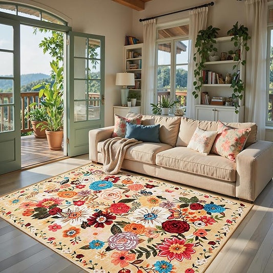 Living Room Rugs, Area Rugs 5x8 Rug for Bedroom Ultra-Thin Soft, Non-Slip Washable Rugs Stain Resistant Boho Rug Low-Pile Throw Rug for ‎Dining Room Office (5 x 8, Yellow Garden)