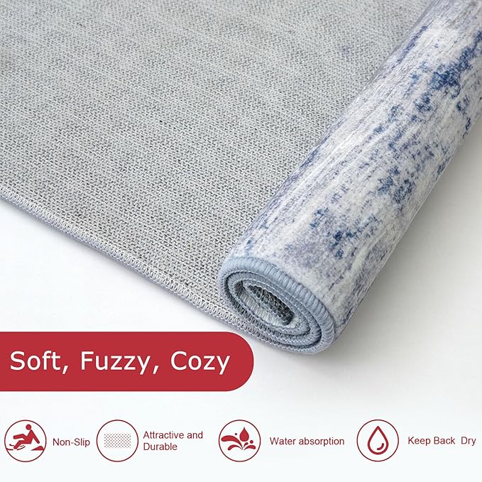 KOZYFLY Modern Abstract Washable Rug Runner 2x5 Hallway Rug Runner Non-Slip Soft Kitchen Runner Rugs, Grey-Blue Striped Carpet for Entryway Bathroom Laundry Room Foyer