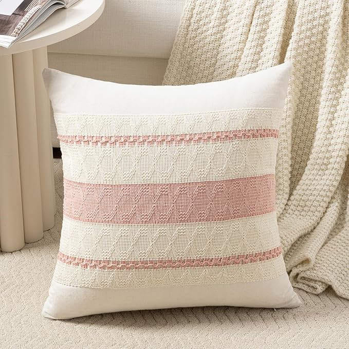 Fancy Homi Set of 1 Boho Pink Euro Decorative Throw Pillow Cover 26x26 Inch for Couch Bed Bedroom, Aesthetic Modern Organic Farmhouse Room Decor, Soft Cotton Accent Macrame Woven Cushion Case