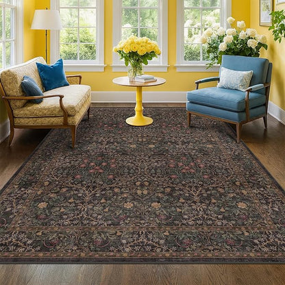 Hazo Haus Taupe Brown 5x8 Rug for Living Room - Vintage Traditional Dark Neutral Floral, Washable Foldable Non-Slip Area Rugs for Dining Under Table, Home Office, Guest Room
