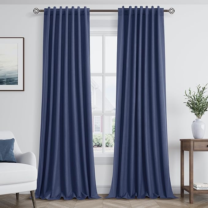 Guken 100% Blackout Curtains 96 Inch Length 2 Panels Set for Living Room Bedroom Back Tab Thermal Insulated Black Out Linen Drapes Room Darkening Window Curtains 96 Inches Long,Classic Blue