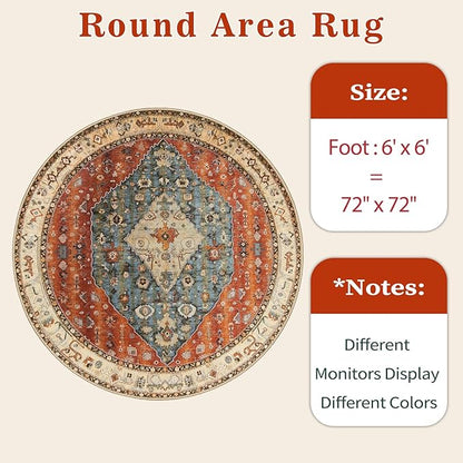 SERISSA Boho Round Area Rug, 6ft Washable Non-Slip Circle Rug, Ultra Soft Oriental Vintage Tribal Low-Pile Circular Carpet for Bedroom Entryway Kids Room Office College Dorm Living Room