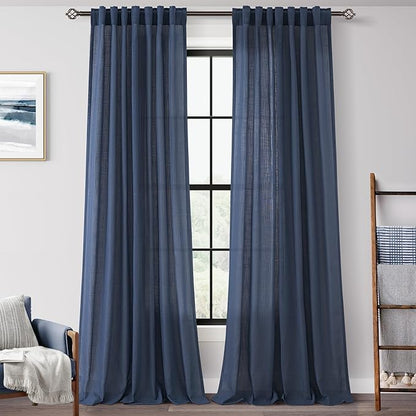 Navy Blue Curtains 94 inch Length for Bedroom Back Tab Light Filtering Semi Sheer Blue Living Room Curtains Linen Cotton Textured Indigo Blue Drapery Panel Modern Farmhouse Aesthetic Decor Dark Blue