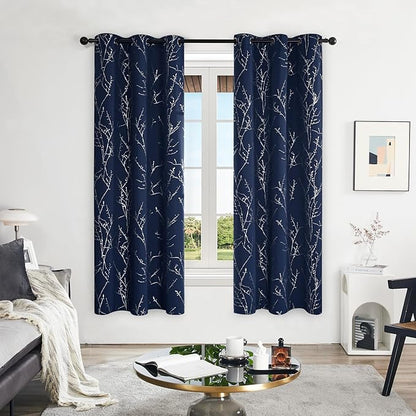 Deconovo Blackout Curtains, Navy Blue Curtain, Thermal Insulated Soundproof Drapes, Branch Silver Print, 42 x 72 Inch Long, Machine Washable Grommet Panels for Bedroom Living Room Office, Set of 2