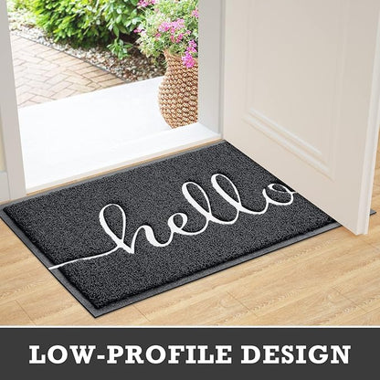 CozyBounty Door Mat Hello Mats Outdoor Indoor Non-Slip Doormat for Entryway Low-Profile Floor Mat for Yard, Garage, High Traffic Areas (32"x20", Black)