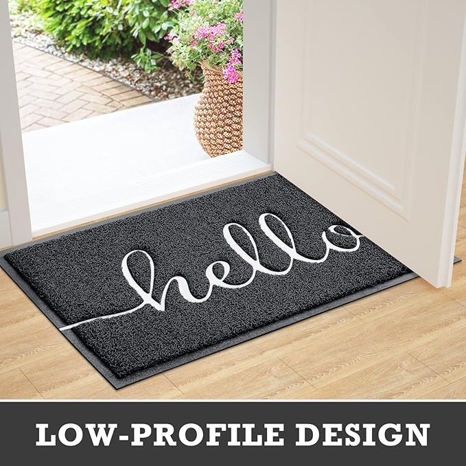 CozyBounty Door Mat Hello Mats Outdoor Indoor Non-Slip Doormat for Entryway Low-Profile Floor Mat for Yard, Garage, High Traffic Areas (30"x17.5", Black)