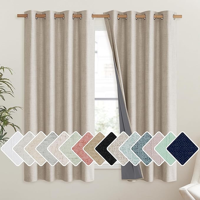 NICETOWN Oatmeal 100% Blackout Short Curtains 63 inches Lenghth Burg for Kitchen, 2 Panels, Burlap Linen Drapes with Thermal Insulated Grey Liner, Keeping Out Cold Air and Heat Panels