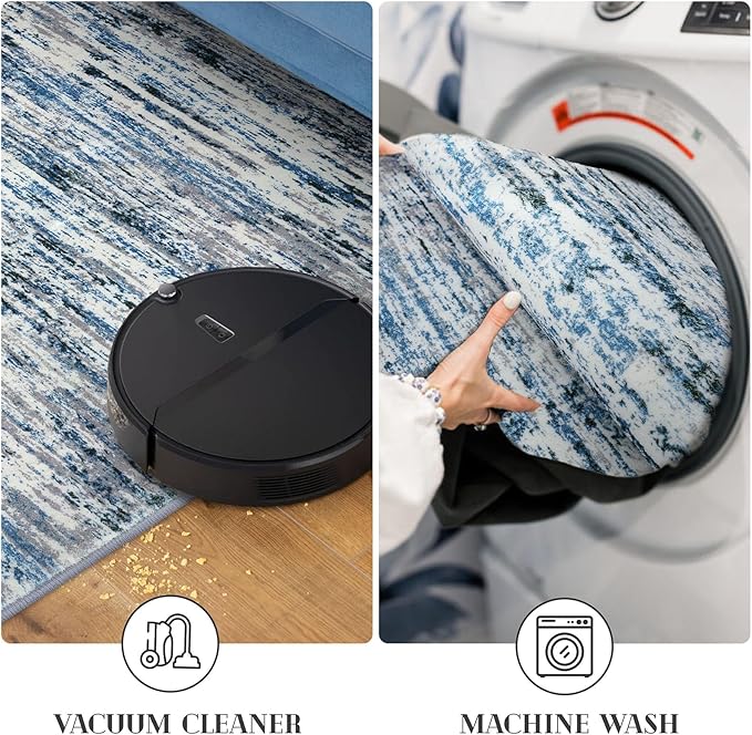 Lansny Modern Abstract 5x7 Machine Washable Area Rug Non-Slip Soft Bedroom Living Romm Rug Grey Blue White Thin Print Faux Wool Floor Carpet Throw Rugs for Nursery Playroom Dining Room Indoor