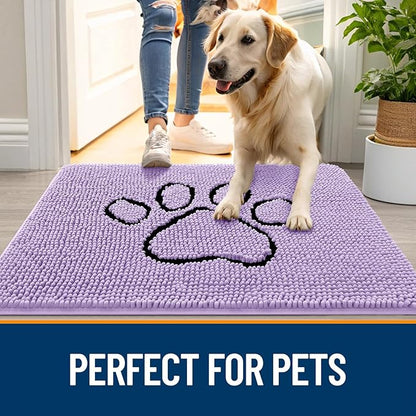 OLANLY Dog Door Mat for Muddy Paws 36x24, Paw Print Design, Absorbs Moisture and Dirt, Absorbent Non-Slip Washable Doormat, Quick Dry Chenille Mud Mat for Dogs, Entry Indoor Entryway Carpet, Lavender
