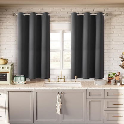BGment Dark Grey Short Blackout Curtains for Small Windows, 38 x 45 Inch Thermal Insulated Tier Set of 2 Panels Sun Blocking Drapes for Kitchen Bedroom