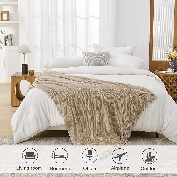 lifein Throw Blanket for Couch, Soft Boho Decor Bed Throw,Cozy Beige Knitted Chenille Small Farmhouse Lightweight Throw (Beige,60 * 80")