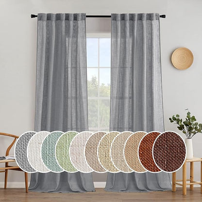 MIULEE Grey Linen Curtains 90 Inch Long for Bedroom Living Room, Soft Thick Linen Textured Window Drapes Gray Semi Sheer Light Filtering Back Tab Rod Pocket Burlap Look Decor, 2 Panels