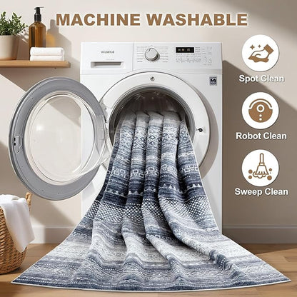 Nakagishi Area Rugs 9x12 Living Room Rug: Washable Boho Large Neutral Modern Soft Stain Resistant Indoor Floor Non-Slip Moroccan Accent Carpet for Bedroom Nursery Kid Playroom Office Dining Room- Blue