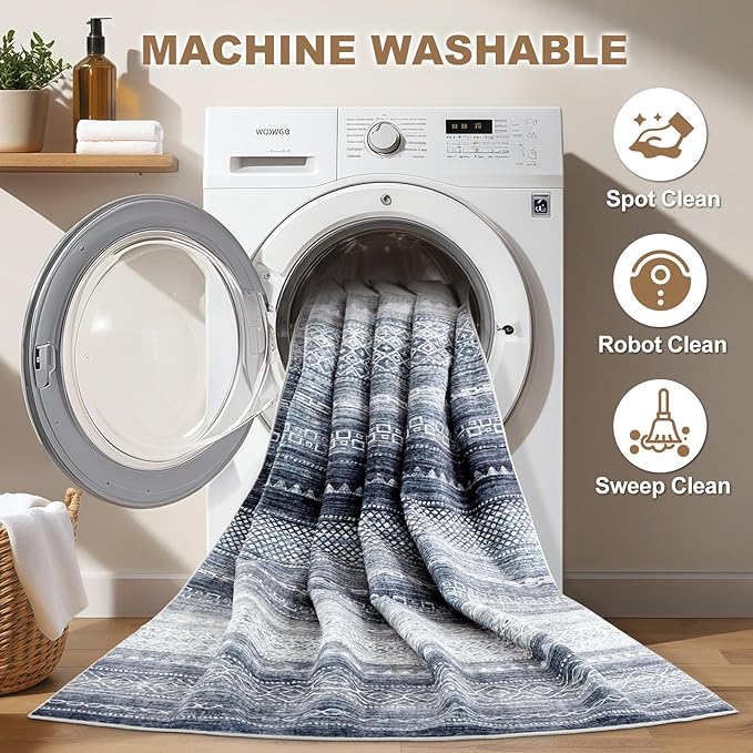 Nakagishi Area Rug 6x9 Living Room: Washable Boho Large Neutral Soft Modern Rugs Stain Resistant Moroccan Indoor Non-Slip Accent Carpet for Bedroom Nursery Kids Playroom Office Dining Room Dorm- Blue