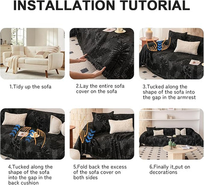 HANDONTIME Washable Couch Covers for Sofa Boho Couch Covers for 3 Cushion Sofa Pet Friendly Black Chenille Jacquard Couch Protector for Dogs Plant Branch Sectional Cover Sofa Slipcovers, 71" X 134"