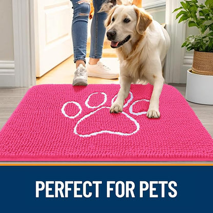 OLANLY Dog Door Mat for Muddy Paws 36x24, Paw Print Design, Absorbs Moisture and Dirt, Absorbent Non-Slip Washable Doormat, Quick Dry Chenille Mud Mat for Dogs, Entry Indoor Entryway Carpet, Hot Pink