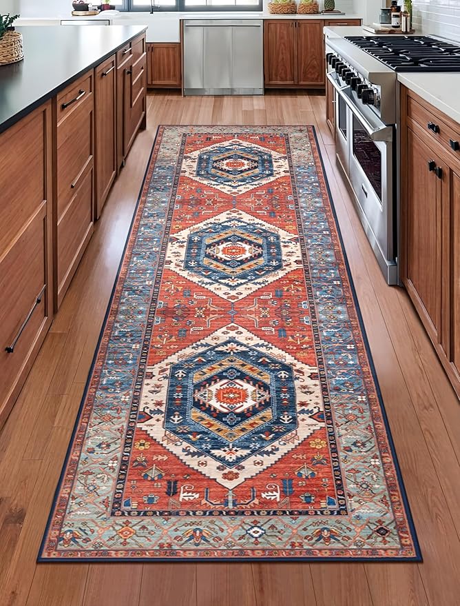 SERISSA Runner Rug for Hallways, 2'6"x8' Washable Non Slip Boho Kitchen Runner Rug, Vintage Rust Ultra Soft Print Distressed Tribal Floor Carpet for Bedroom Bathroom Laundry Room