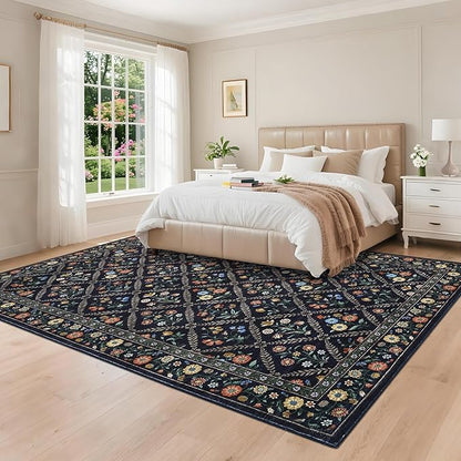 GarveeHome Grey Floral Rug 4x6 Rug Machine Washable Area Rug for Living Room Farmhouse Floral Low Pile for Dining Room, Bedroom Indoor Foldable Non-Slip Navy&Black RV