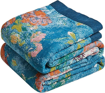 MSGKV Boho Throw Blanket for Bed 60"x80" Cotton Couch Blanket with Floral and Bird Spring Breathable Lightweight Farmhouse Twin Size Decorative Blankets for Sofa Muslin All Seasons