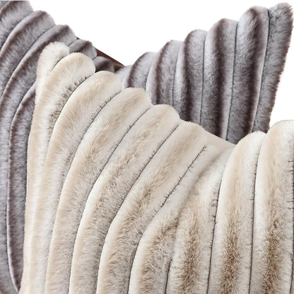 decorUhome Cozy Faux Fur Throw Pillow Covers 18x18 Set of 2 Decorative Soft Plush Striped Modern Farmhouse Boho Couch Pillow Cases with Velvet Back for Sofa Bed Living Room, Brown White