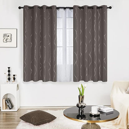 Deconovo Blackout Curtains, Thermal Insulated Soundproof Grommet Drapes, Wave Dots Silver Print, 52 x 45 Inch, Set of 2, Machine Washable Window Panel for Kitchen Bedroom Living Room Nursery, Taupe