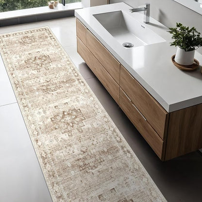 Hazo Haus Non Slip Hallway Runner Rug - 2 x 10 Runner Rug, Washable & Waterproof Kitchen Floor Mat - Extra Long Neutral Farmhouse Boho Design Décor (2x10 Beige/Latte)
