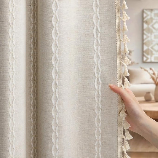 Boho 80% Blackout Curtains with Gray Liner 84 Inches Long 2 Panels Set, Beige Linen Blend Drapes with Tassels and Cotton Embroidered for Living Room Bedroom