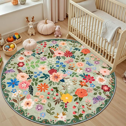 Round Area Rug for Living Room: 6 ft Floral Washable Circle Rug Soft Boho Non-Slip Carpet Indoor Stain Resistant Low Pile Small Circular Rug for Bedroom Entryway Kitchen Nursery Home Office Green
