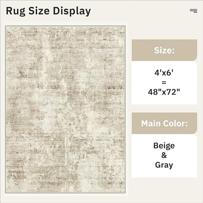 4x6 Area Rugs for Living Room, Vintage Washable Rugs for Dining Room, Bedroom, Home Office Decor, Non-Slip Beige/Gray Carpet Thin Rug