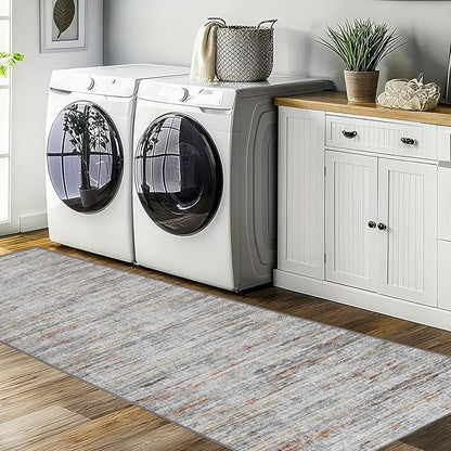2x10 Runner Rug Non-Slip，Modern Abstract 10ft Washable Runner Rugs for Hallways, Ultra-Thin Long Kitchen Rug Runners,Stain Resistant Floor Carpet for Bedroom,Laundry Room,Entryway（Grey/Multi,2'x10'）