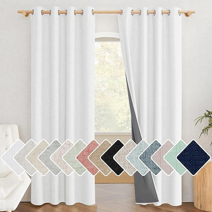 NICETOWN 100% Absolutely Blackout Linen Curtains with Thermal Insulated Liner, Greyish White, 52" Wide, 90" Length Energy Saving Curtains for Living Room 2 Panels Set, Vertical Blinds