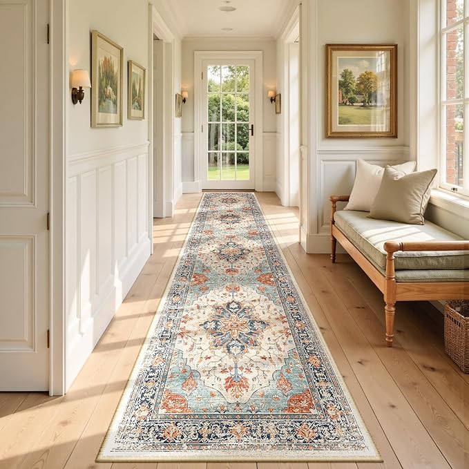 Area Rugs 2'x9' Runner Rug Non Slip Washable for Kitchen Hallway Bedroom Beside Laundry Room Bathroom Rug, Floor Carpet, Beige Navy Blue Orange Colorful