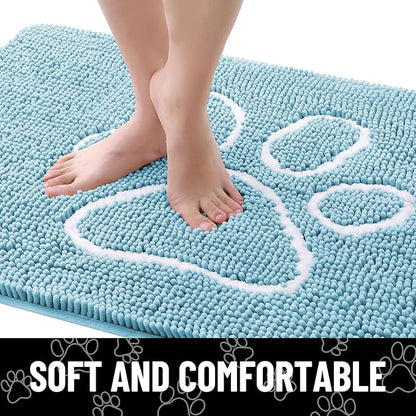 Smiry Dog Door Mat for Muddy Paws, Absorbent Dirt Trapper Non Slip Quick Dry Washable Chenille Mat for Mud Dogs, Entry Rug for Indoor and Outdoor (59x35 Inches, Sky Blue and White)