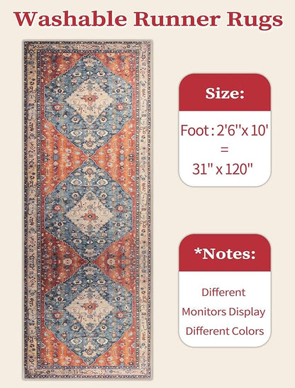 SERISSA Boho Washable Runner Rug, 2'6"x10' Long Non-Slip Tribal Hallway Kitchen Stair Runner Rug Ultra Soft Print Distressed Vintage Floor Carpet for Bedroom Bathroom Laundry Room