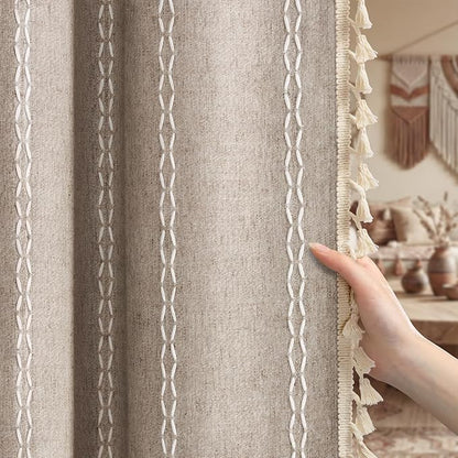 Boho Blackout Curtains 90 Inches Long Brown Linen Blend 2 Panels with Tassels and Cotton Embroidery, Farmhouse Vintage Rustic Rod Pocket Drapes for Living Room or Bedroom
