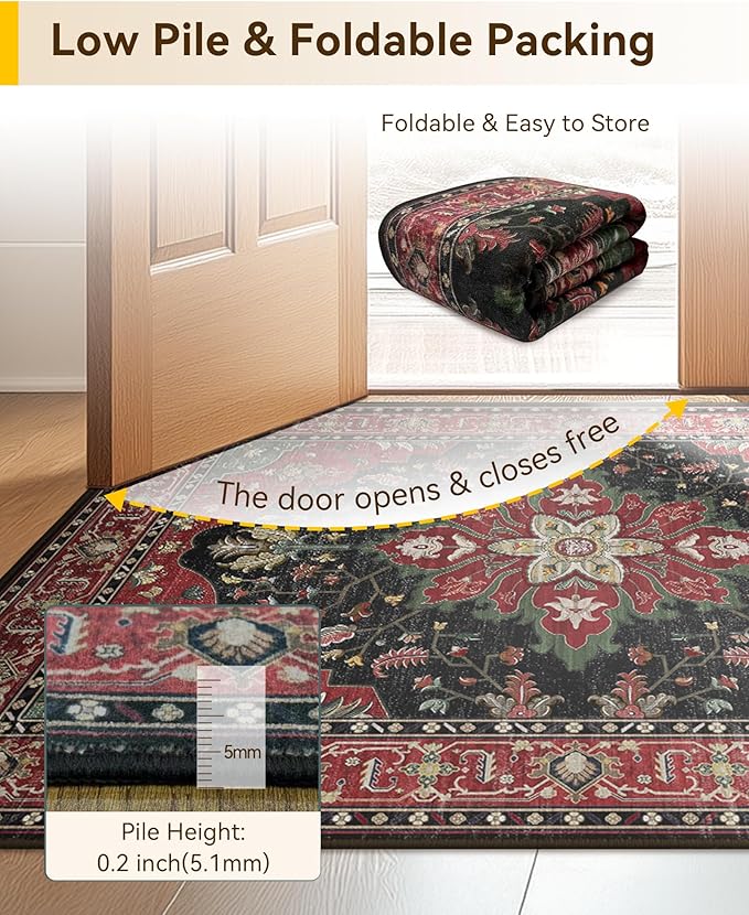 Area Rugs 5'x7' Washable Non-Slip, Floral Vintage Distress Print Pattern Medallion Carpet for Living Room Bedroom Dining Room, Red Black