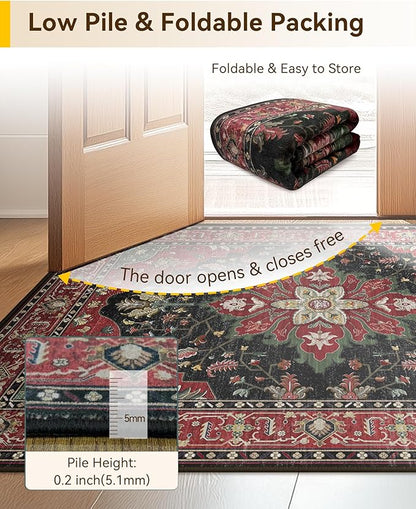 Area Rugs Round 8ft Washable Non-Slip, Floral Vintage Distress Print Pattern Medallion Carpet for Living Room Bedroom Dining Room, Red Black