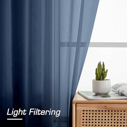 Simplebrand Navy Blue Sheer Curtains 90 Inches Long 2 Panels, Light Filtering Rod Pocket Solid Color Window Sheer Curtain Panels, Elegant Curtains & Drapes for Living Room, Bedroom, 42" W x 90" L