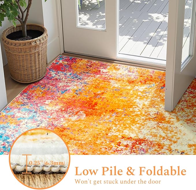 Rugflix 4x6 Area Rugs for Living Room, Washable Large Multicolor Rug Stain-Resistant Low Pile, Modern Carpet for Dining Room Home Office Kid Room Nursery Bedroom, Colorful Rainbow