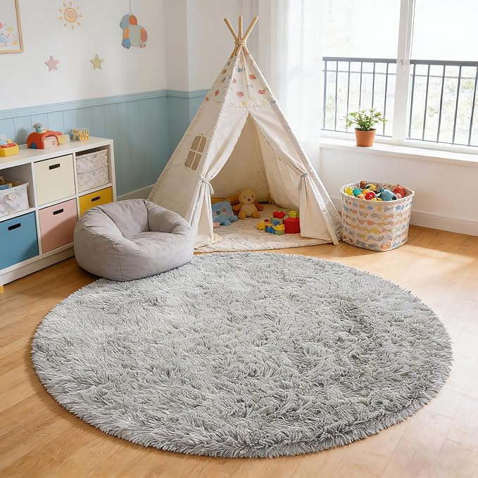 yulidayang Soft Round Area Rug for Kids Bedroom, Fluffy Fuzzy Shaggy Rug 6'X6'for Living Room, Non Slip Circle Plush Rug for Girls Room Nursery Dorm Decor,Light Grey