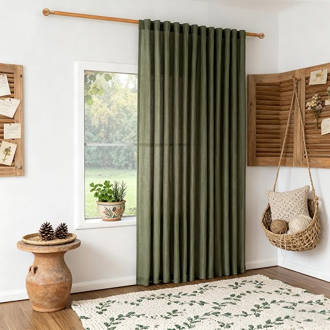 MYSKY HOME Living Room Curtains 90 Inches Long Farmhouse Light Filtering Privacy Curtain Drapes for Patio, Linen Look Texture Fabric Bohemian Draperies Soft Touch, 100" Wide, Olive Green, 1 Pieces