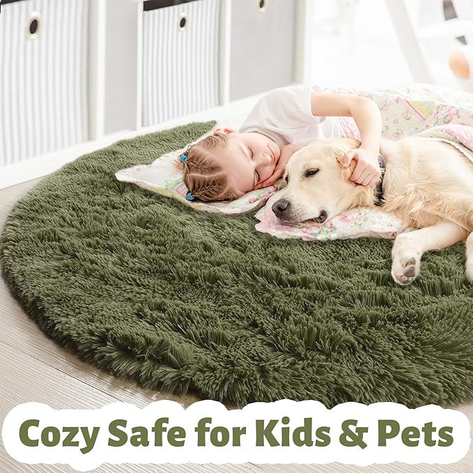Amdrebio Olive Green Round Rug 5Ft for Living Room Bedroom, Fluffy Shaggy Modern Circle Area Rugs for Kids Room, Soft Plush Fuzzy Shag Carpet for Playroom Office Dorm Nursery Classroom, Home Decor