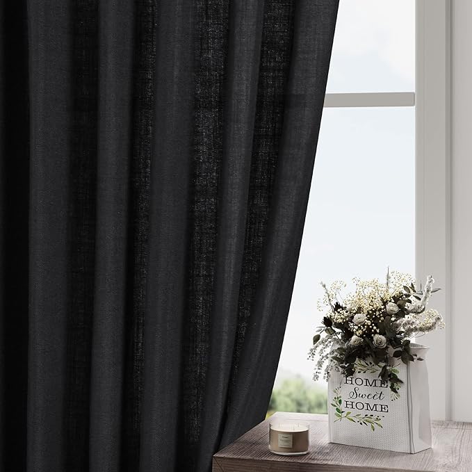 Nanspring Black Short Linen Textured Curtains 40 Inches Long 2 Panels Set for Bedroom Small Window Curtain Back Tab Rod Pocket Semi Sheer Light Filtering Drapes for Kitchen Cafe Living Room W52xL40