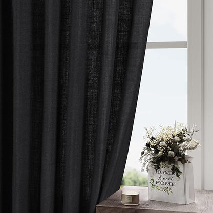 Black Linen Blend Drapes 84 Inch Length 2 Panels Set Back Tab Rod Pocket Light Filtering Privacy Semi Sheer Textured Vertical Curtains Boho Farmhouse Decor Curtains for Living Room Bedroom 40x84