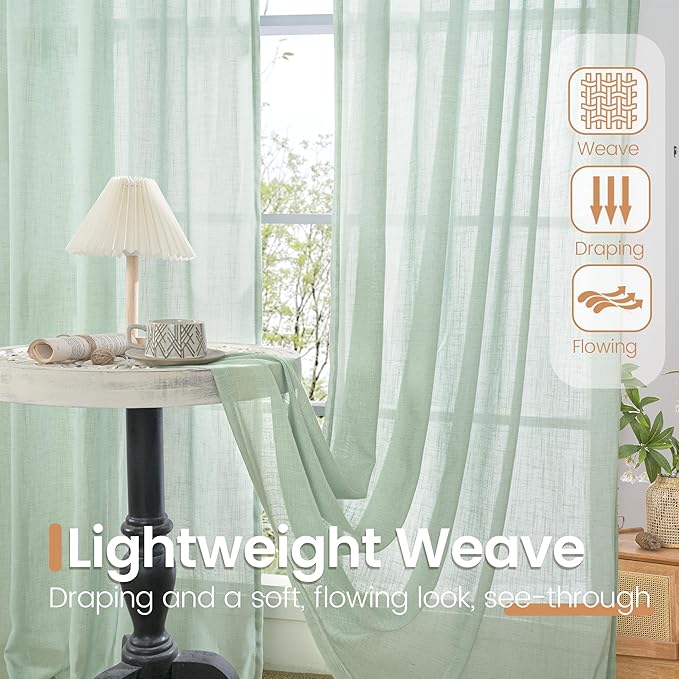 BGment 40 Inch Length Light Green Linen Curtains - Short Semi Sheer Drapes Textured for Living Room Window Spring Decorative with Rod Pocket Lightweight Rustic, 2 Panels Set, 42 X 40 Inch