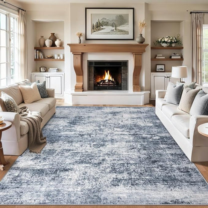Area Rugs 9x12 Living Room - Washable Rug Modern Abstract Soft Large Neutral Non-Slip Carpet Indoor Floor Thin Carpets for Bedroom Dining Room Farmhouse Nursery Home Office Grey Blue