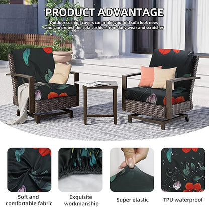 8Pcs Outdoor Cushion Covers, Patio Cushion Covers,Stretch Elastic Slipcovers, Replacement Washable & Reusable Furniture Protector for Patio Couch (Peony-Pattern,Cover Only)